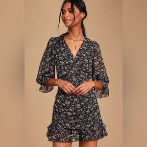 Lulus Estella Black Floral Print Ruched Ruffled Mini Dress